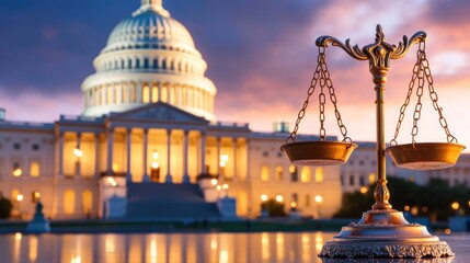 Us Capitol Building at Dusk with Scales of Justice