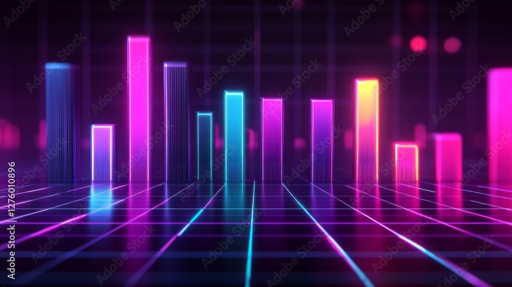 Leinwandbilder dark-themed d bar chart with neon-colored bars and a digital grid base, capturing a futuristic data 