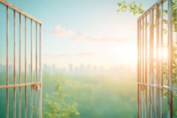 Rusty prison door slightly ajar revealing a bright path to freedom in a city setting