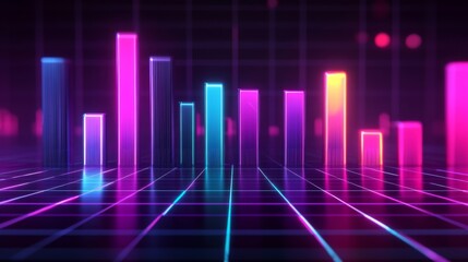 Fototapeta premium Dark-themed D bar chart with neon-colored bars and a digital grid base, capturing a futuristic data visualization aesthetic