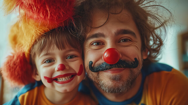Concept for April 1st. Funny dad with a red clown nose and cheerful son. Prank for April Fool's Day. Father's Day.