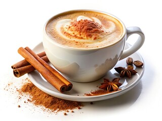 Aromatic cappuccino, cinnamon-spiced, steaming in an isolated cup; perfect for cafe menus.