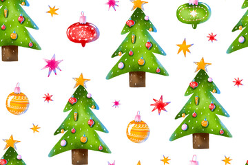 Evegreen spruce fir tree toy balls seamless pattern.  Cartoon hand drawn Winter mood holidays. Christmas endless background. Happy holidays design print wrap