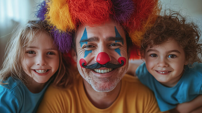 Photo of children drawing mustaches on their father's face. Concept for April Fool's Day. April Fool's joke. April fool's day prank
