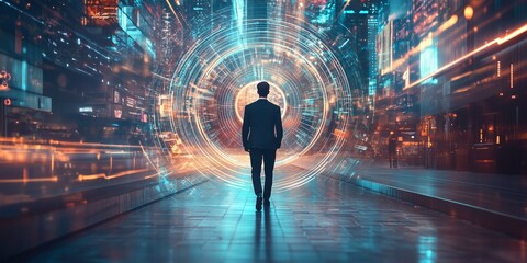 Stepping into the Future: A silhouette of a man in a suit strides confidently toward a futuristic, technological portal, symbolizing ambition and the next phase.