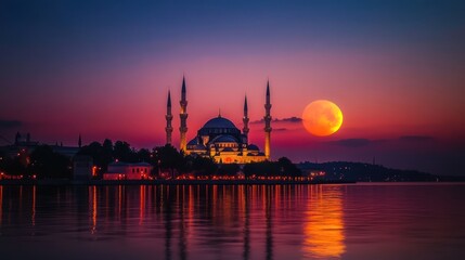 Naklejka premium Illuminated mosque at sunset with a large moon reflecting in calm water.