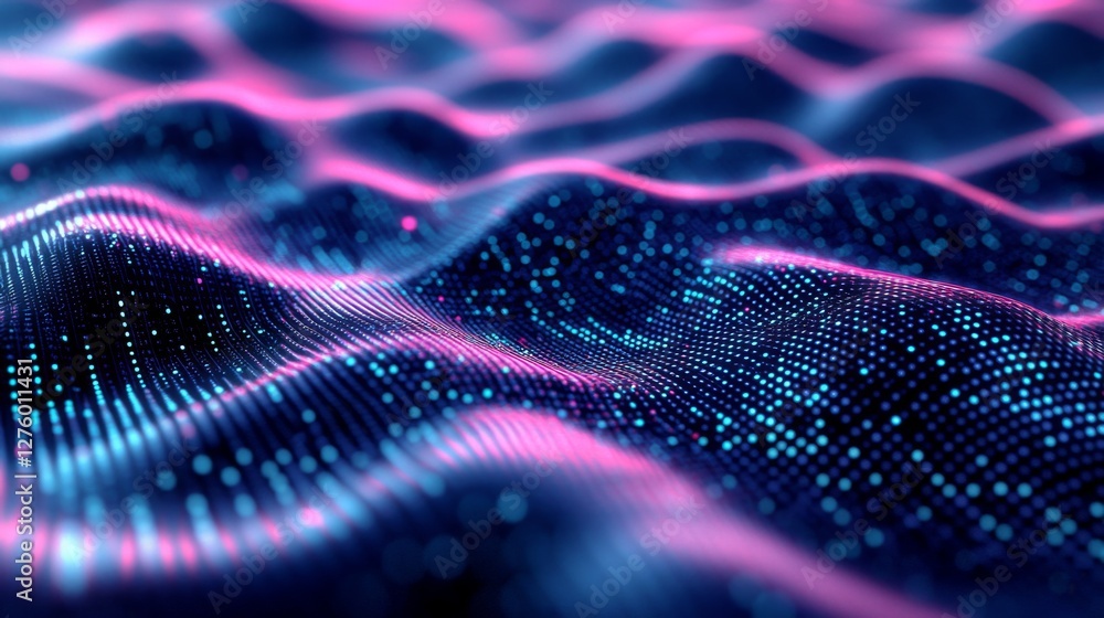 Poster dynamic data wave in vibrant neon colors, representing digital information flow on a black backgroun