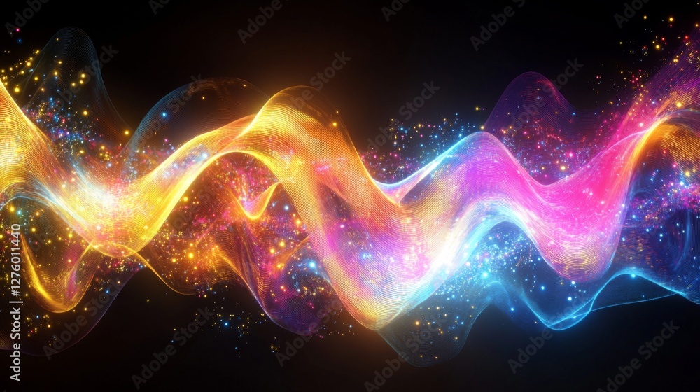 Poster dynamic data wave in vibrant neon colors, representing digital information flow on a black backgroun