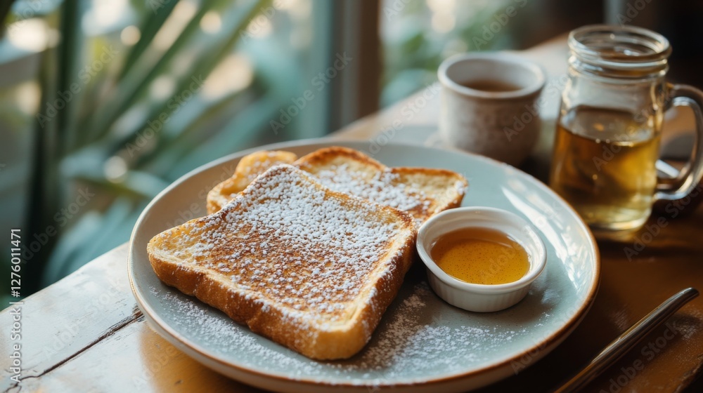 Poster fluffy cinnamon toast dusted with powdered sugar, with a small dish of honey on the side for a warm 