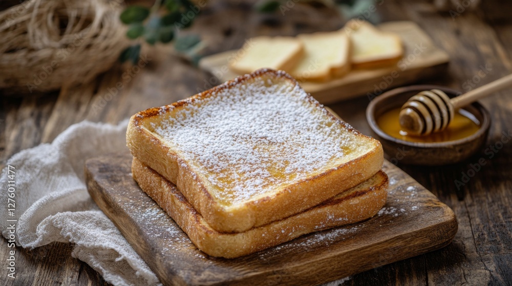 Poster fluffy cinnamon toast dusted with powdered sugar, with a small dish of honey on the side for a warm 