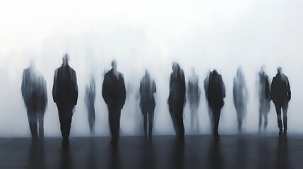 Blurred silhouettes of people walking in fog.