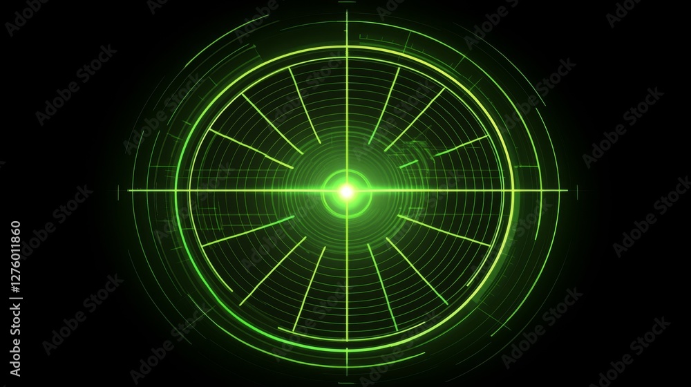 Fototapete futuristic radar-style circular graphic with bright neon lines and rotating elements on a dark tech-