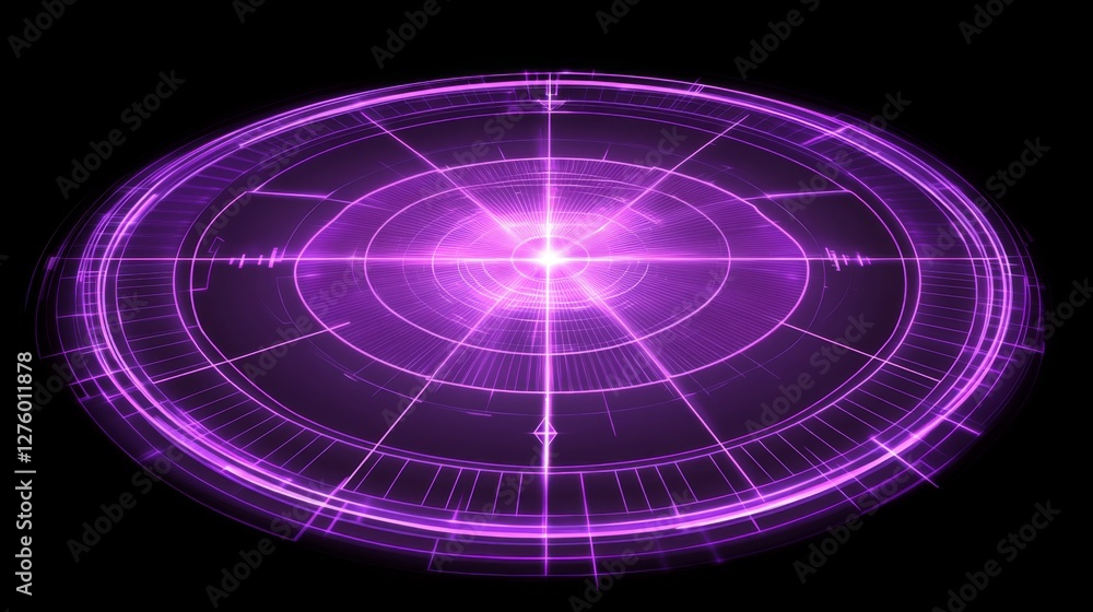 Fototapete Futuristic radar-style circular graphic with bright neon lines and rotating elements on a dark tech-inspired background