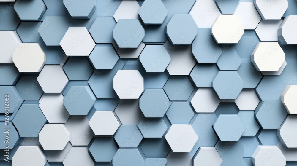 Poster hexagonal geometric patterns in cool blue tones, layered with shadows and textures for a modern, tec