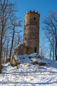 A stone observation tower in the landscape park in the village of Bukowiec in the Karkonosze Mountains near Kowary
