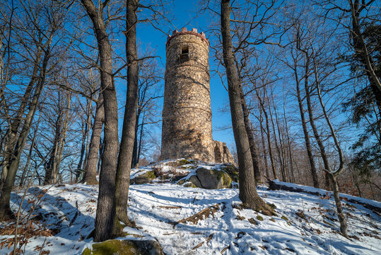 A stone observation tower in the landscape park in the village of Bukowiec in the Karkonosze Mountains near Kowary
