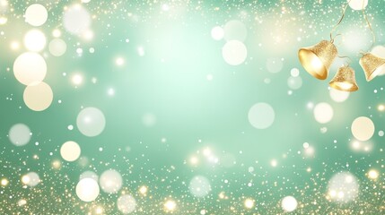 Sparkling Christmas Background with Gold Bells and Bokeh Lights