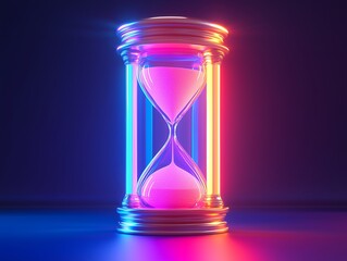 Crystal hourglass with purple neon lines on dark color background. Wasted time, concept. Generative Ai