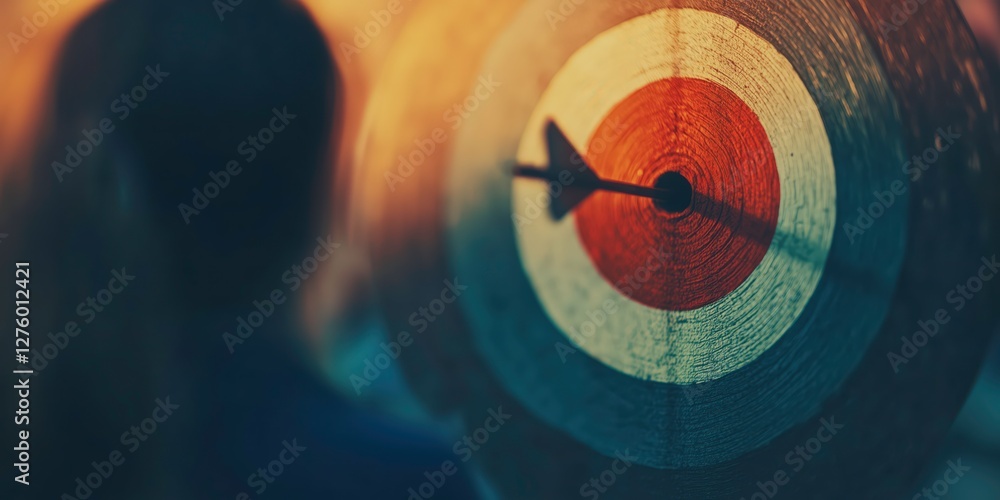 Poster aiming for success: a blurred figure gazes intently at a perfectly centered dart on a target, symbol