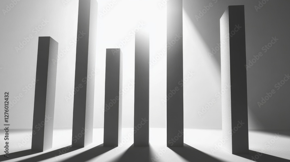 Poster minimalist d bar chart with tall, sleek bars in monochromatic tones, casting shadows on a clean, whi
