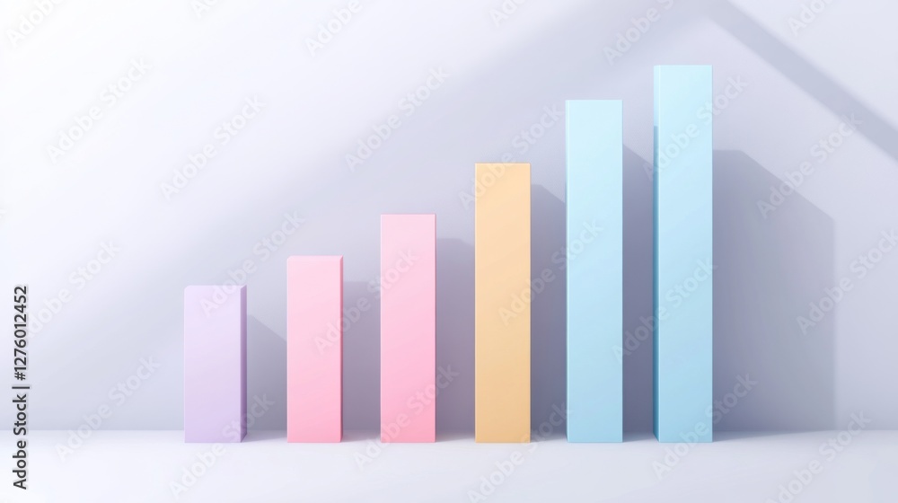 Poster minimal d bar graph in pastel colors, with shadows cast across a white background, creating a soft a