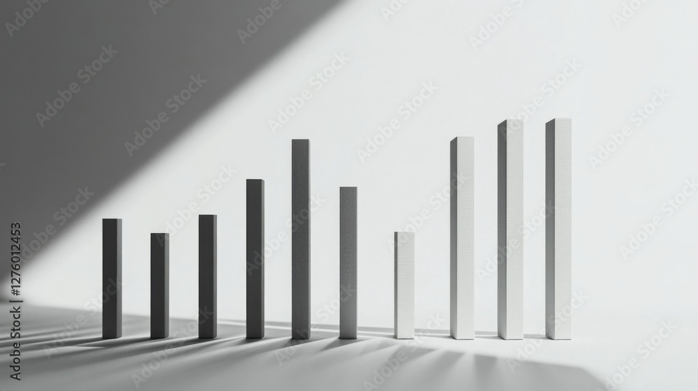 Poster minimalist d bar chart with tall, sleek bars in monochromatic tones, casting shadows on a clean, whi
