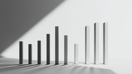 Obraz premium Minimalist D bar chart with tall, sleek bars in monochromatic tones, casting shadows on a clean, white background