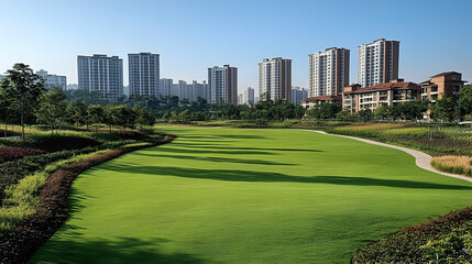 Obraz premium Lush golf course fairway, city skyline backdrop, sunny day, real estate development