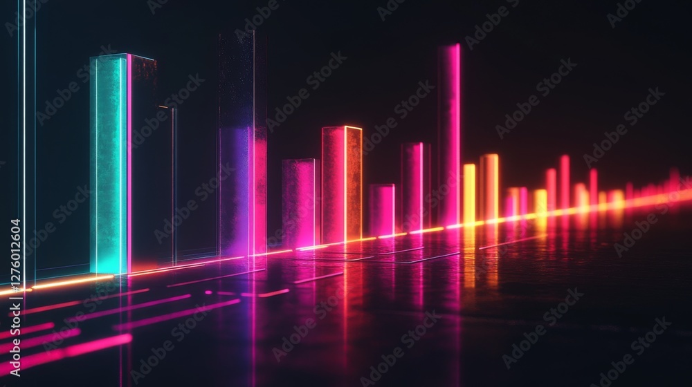 Poster modern d bar chart with neon-colored bars and gradient lighting, set against a dark background for a