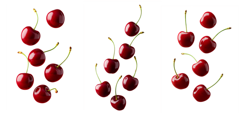 cherry png. cherries isolated. Fresh cherries falling down isolated. Juicy red cherries tumbling in mid-air png. Cherries dropping from above in motion isolated. Ripe cherries scattered while falling