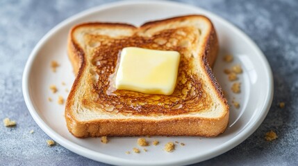 Perfectly toasted bread with a pat of melting butter, lightly toasted edges, and golden crumbs on a simple white dish for a minimalist look