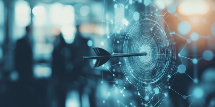 Aiming for Success: An evocative shot of a dart piercing the bullseye, framed within a network of connected points, symbolizes precision and the pursuit of goals in a business context.