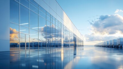 A modern building with large glass windows reflects the sky and clouds, creating a serene atmosphere with a polished surface below.