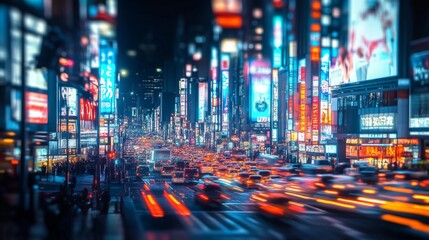 Rows of colorful neon lights in a busy cityscape at night, blurring slightly to create a vibrant, bustling ambiance