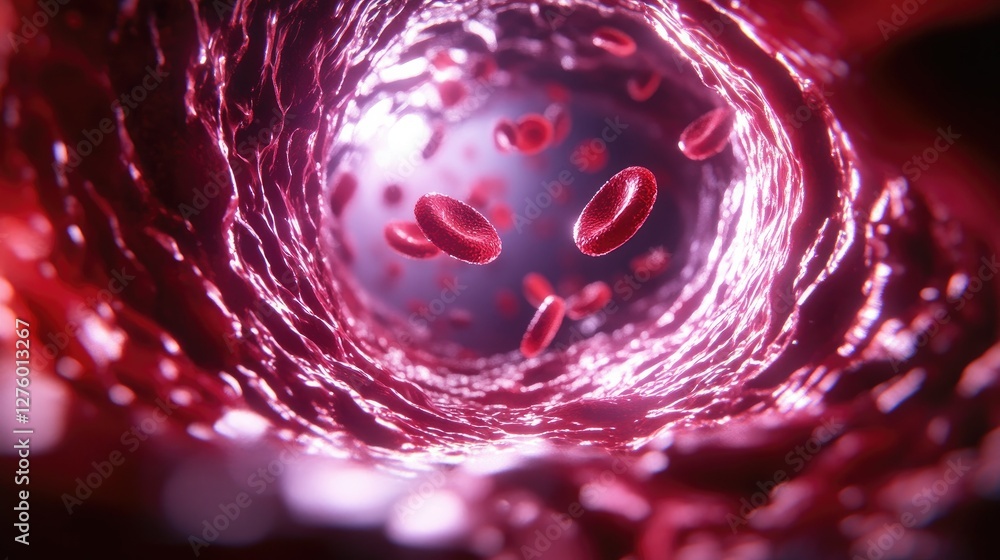 Poster 3d-rendered red blood cells dynamically moving through a vein, creating a realistic medical backgrou