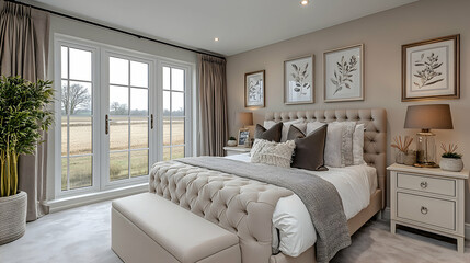 Luxurious bedroom overlooking farmland; tranquil interior design; ideal for real estate or home decor