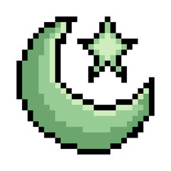 Crescent moon and star shape in pixel art