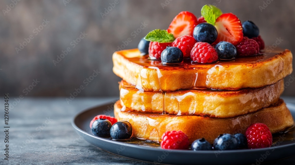 Poster Stack of buttery French toast drizzled with syrup and topped with fresh berries, creating a delicious, inviting breakfast scene
