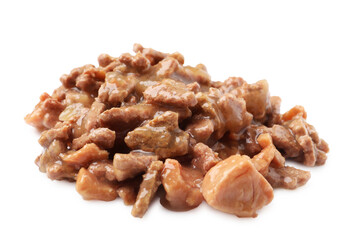 Pieces of wet pet food isolated on white