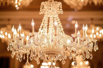 Elegant crystal chandelier with sparkling diamonds illuminating a grand ballroom luxurious setting decorative art opulent atmosphere eye-level perspective