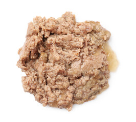 Wet pet food isolated on white, top view