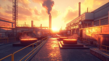 An industrial scene at sunset, featuring smokestacks, glowing pools, and a vibrant sky, highlighting the contrast between nature and industry.
