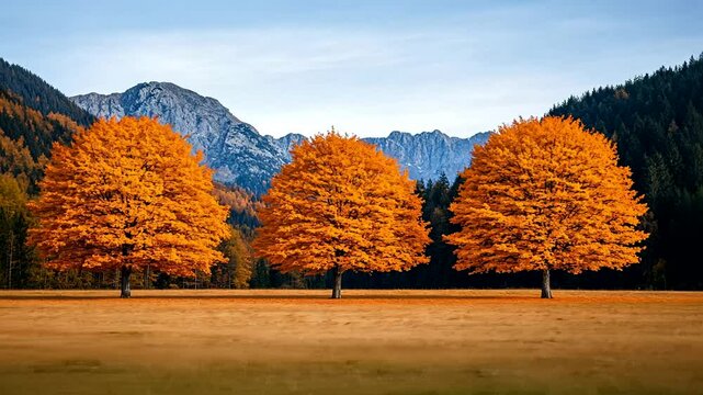 Three vibrant autumn trees against mountain backdrop, nature scenery, fall foliage, tranquil landscape