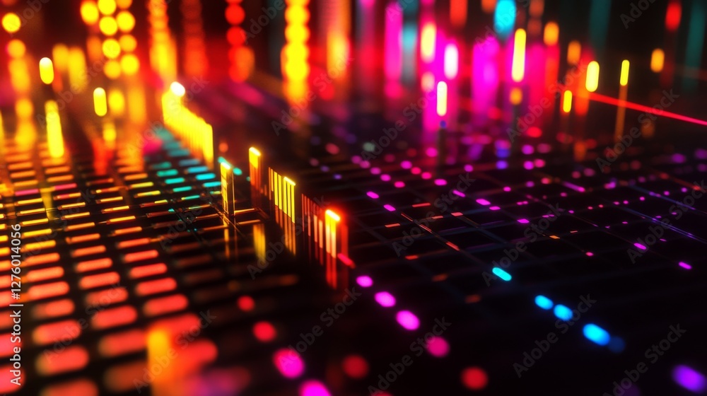 Poster stylized bar graph with glowing bars in neon colors, set against a dark, tech-inspired background fo
