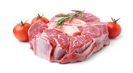 Piece of raw beef meat, rosemary and tomatoes isolated on white
