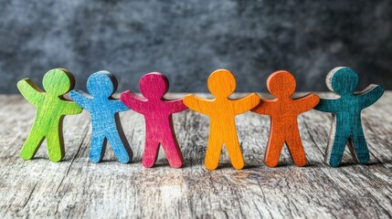 A group of multicolored wooden people holding hands, visually expressing cooperation and cultural unity