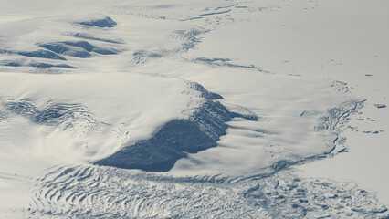 Aerial view of white glacier landscape of Antarctica.