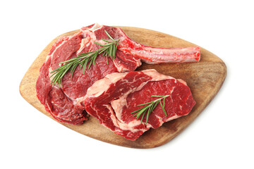 Pieces of raw beef meat and rosemary isolated on white, top view