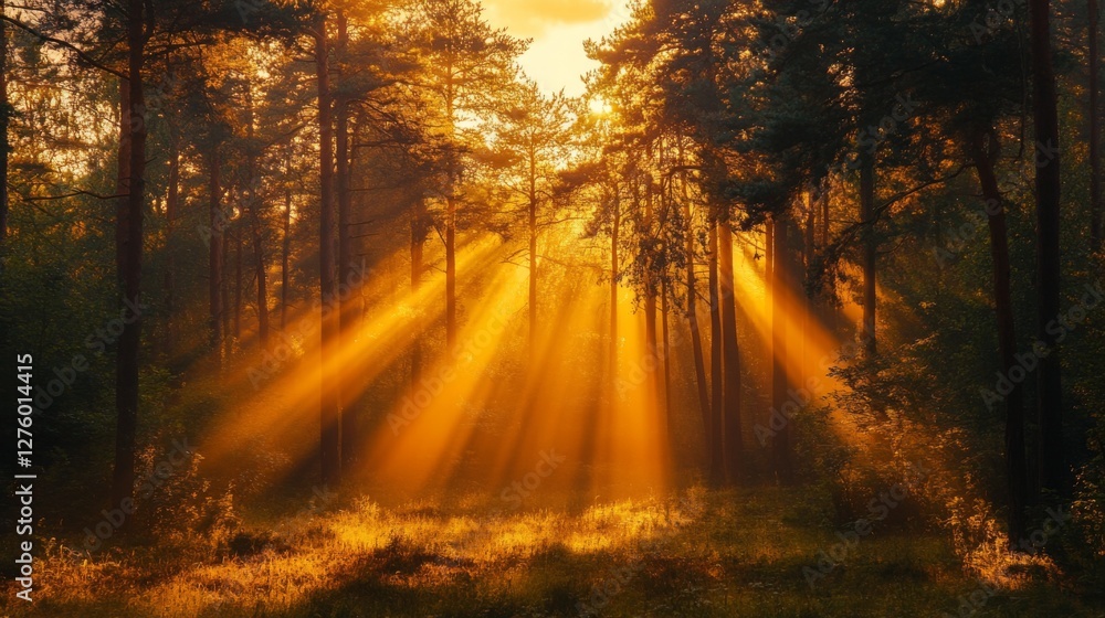 Aufkleber sunset view with warm, golden sunlight streaming through a forest, illuminating the trees and creati