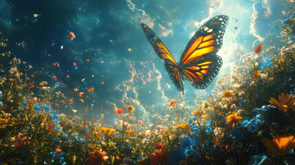 Majestic Monarch Butterfly in a Dreamlike Floral Fantasy